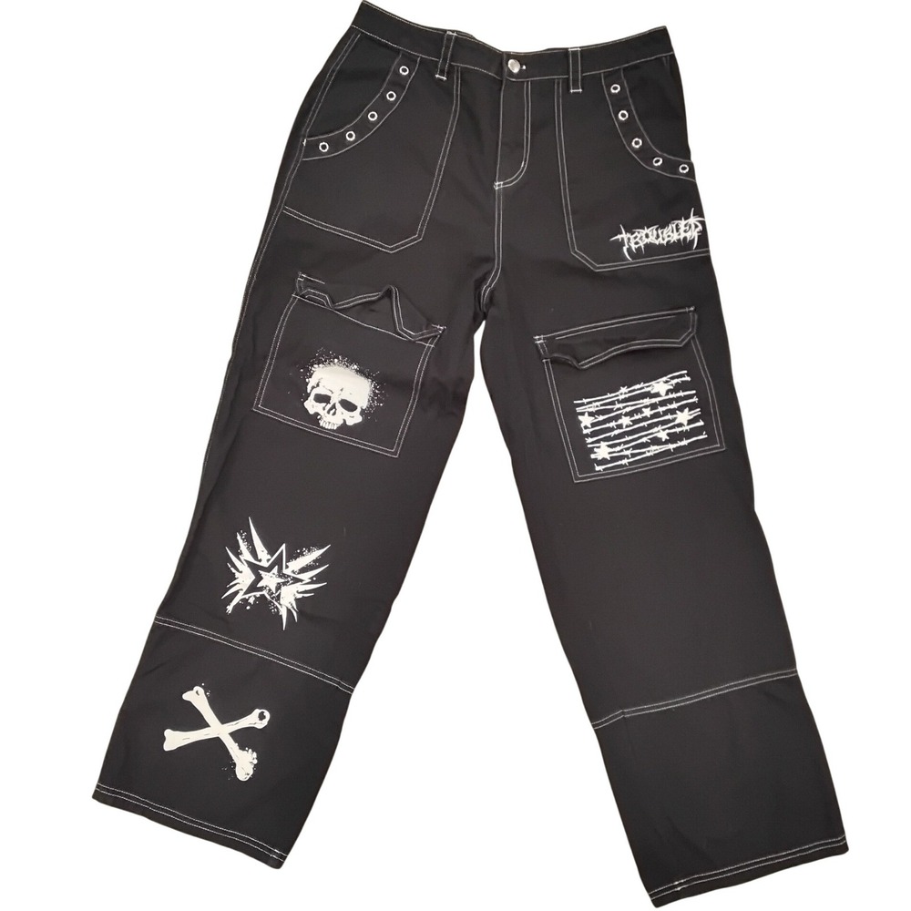 Hot Topic Black Contrast Stitch Skater Pants Skull Barbed Wire Goth Punk Size 11